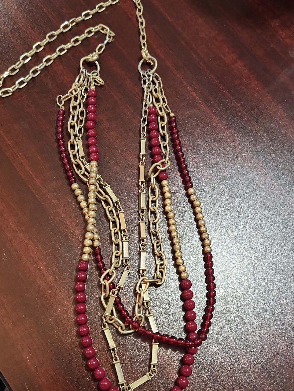 Premier Designs Multi-Strand Gold and Burgundy Beaded Necklace